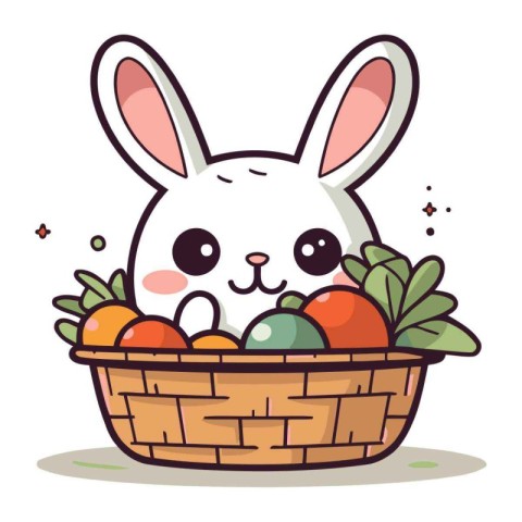 Cute Easter bunny with basket full of eggs. Vector illustration.