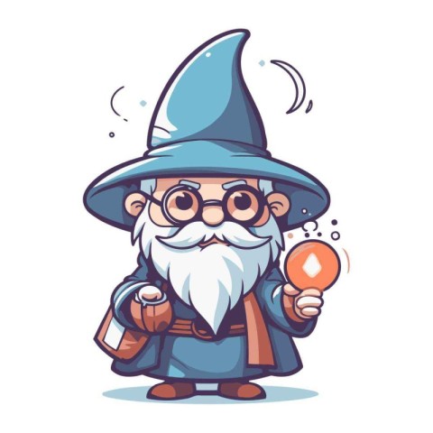 Cute cartoon wizard with magic wand and book. Vector illustratio