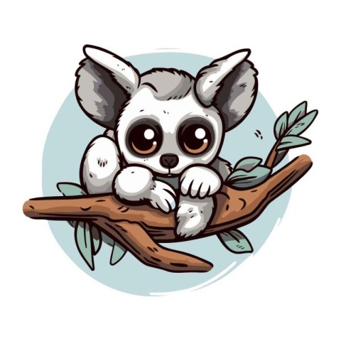 Cute cartoon lemur sitting on a branch. Vector illustration.