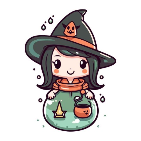 Cute little witch girl with a potion. Vector illustration in car