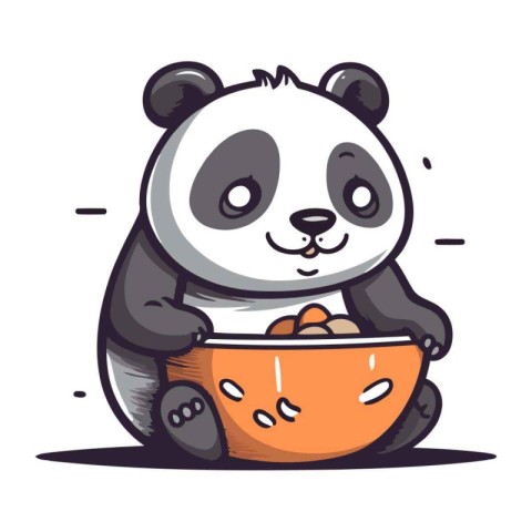 Cute panda eating a bowl of food. Vector illustration.