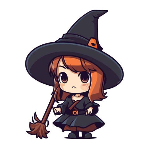 Cute little witch girl with a broom. Vector cartoon illustration