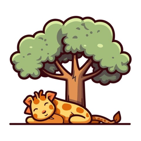 Cartoon giraffe sleeping under a tree. Vector illustration isola