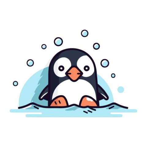 Penguin swimming in water. Cute cartoon animal vector illustrati