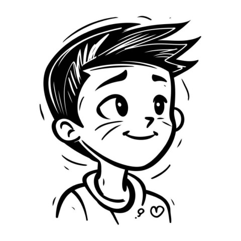 Black and White Cartoon Illustration of a Cute Boy Smiling