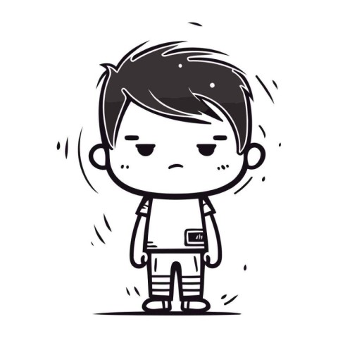 Upset cartoon boy. Vector illustration. Black and white.