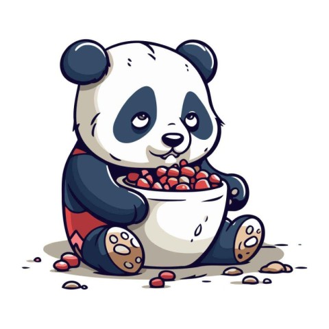 Cute panda eating a bowl of beans. Vector illustration.