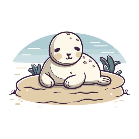 Cute seal sitting on the sand. Vector illustration in cartoon st