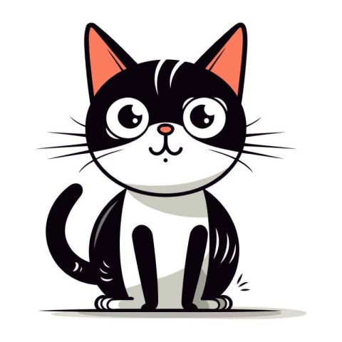 Cute cartoon black and white cat with big eyes. Vector illustrat