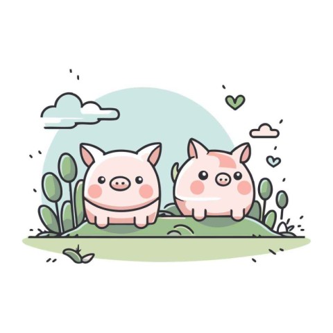 Vector illustration of two cute pigs in the grass. Isolated on w