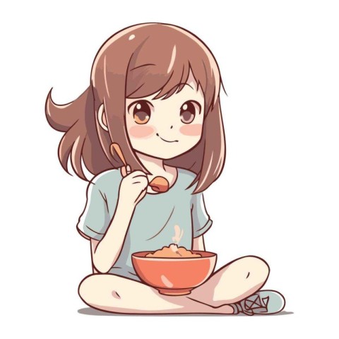 Cute little girl eating a bowl of cereal. Vector illustration.