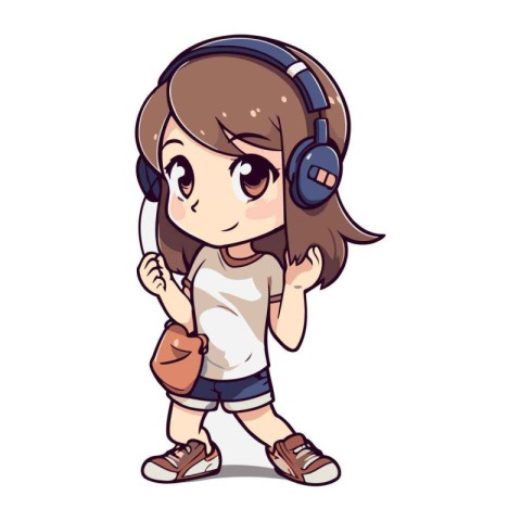 Illustration of a Cute Little Girl Listening to Music with Headp