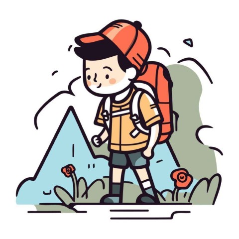 Hiking in mountains. A boy with a backpack and a cap. Vector ill