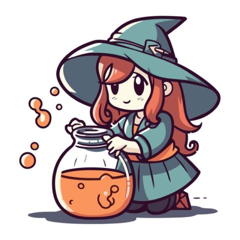 Cute little witch with magic potion. Vector illustration in cart