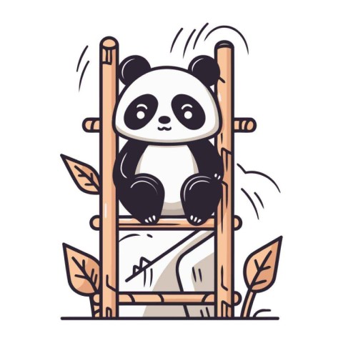 Cute panda bear sitting on ladder. Vector illustration in cartoo