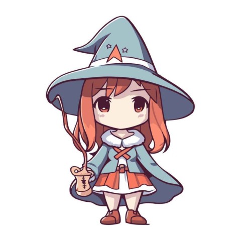 Cute little girl in witch costume with magic wand. Vector illust