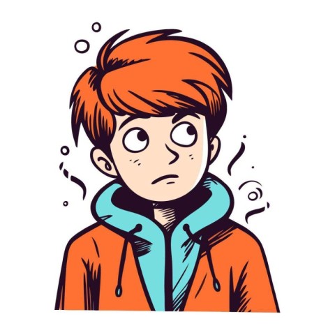 sad boy with red hair in winter coat. vector illustration.