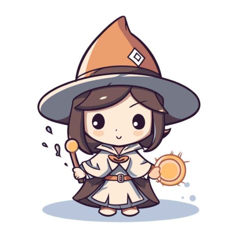 Cute girl in witch costume with magic wand. Vector illustration.