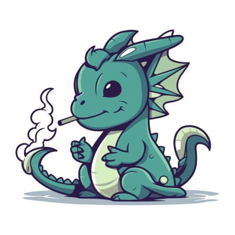 Cartoon dragon with smoking cigarette. Vector illustration. Isol