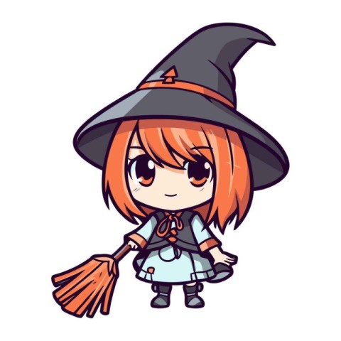 Cute little witch girl with broom. Vector illustration isolated