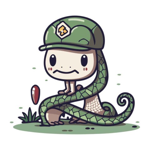 Cartoon snake with a soldiers cap. Vector illustration on white