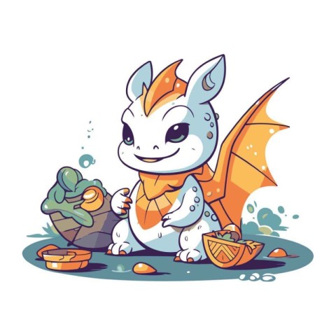 Cute cartoon dragon with a book. Vector illustration on white ba