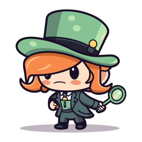 St. Patricks Day Cute Girl Detective Cartoon Vector Illustration