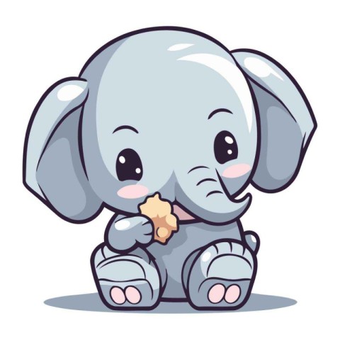 Cute baby elephant eating a piece of bread. Vector illustration.