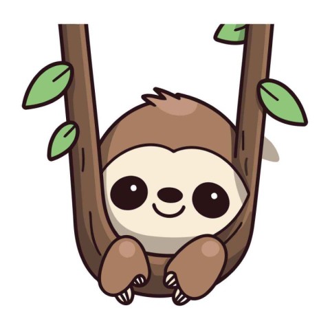 Cute cartoon sloth sitting on a tree. Vector illustration.