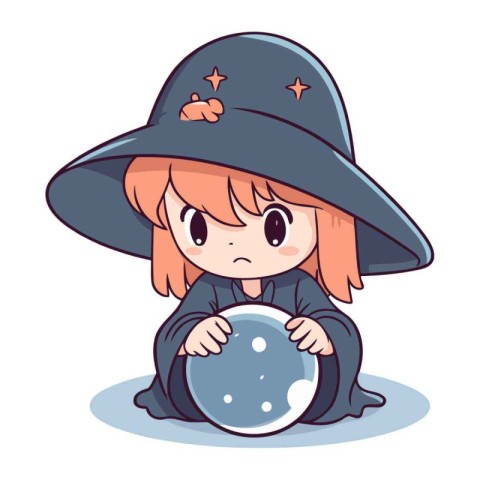 Cute little witch with magic ball. Vector illustration in cartoo