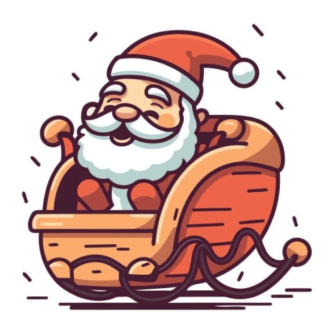 Santa Claus sitting in a wooden sleigh. Cartoon vector illustrat