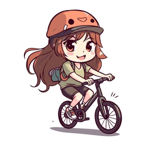 Cute cartoon girl in helmet riding a bicycle. Vector illustratio