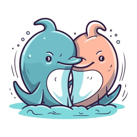 Vector illustration of cute cartoon whale and shark swimming in