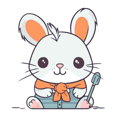 Cute rabbit with a shovel. Vector illustration in cartoon style.