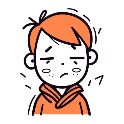 Cute cartoon boy with sad facial expression. Vector line illustr