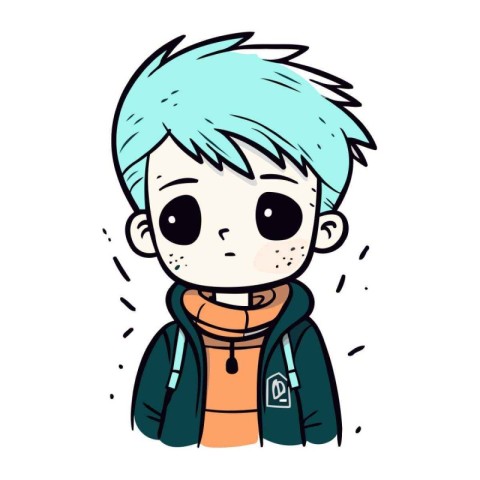 Illustration of a boy with blue hair wearing a hoodie.