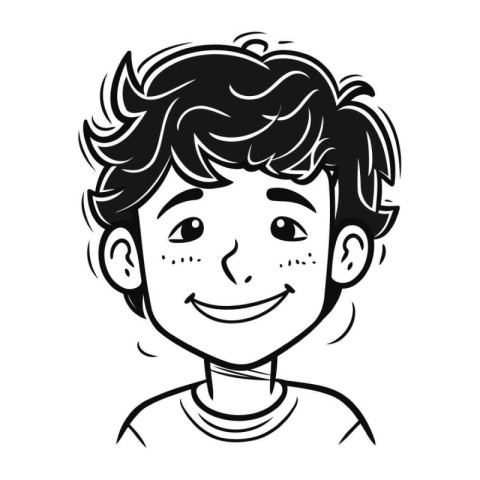 Black and white illustration of a smiling boy with facial skin c