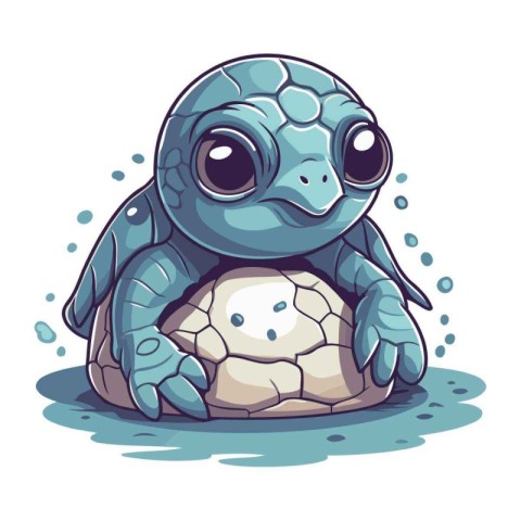 Cute blue turtle sitting on a stone. vector cartoon illustration