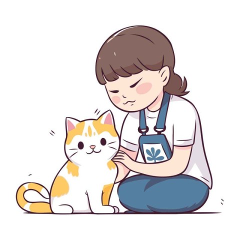 Girl petting cat. Cute cartoon character. Vector illustration.