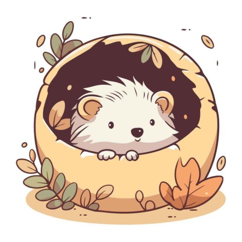 Cute hedgehog in a hole with leaves. Vector illustration.