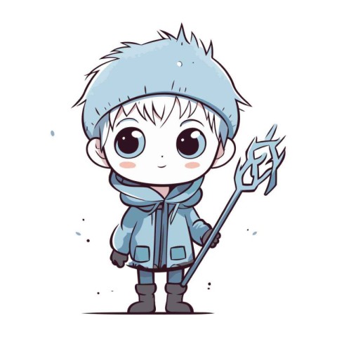 Cute little boy in winter coat with wrench. Vector illustration.