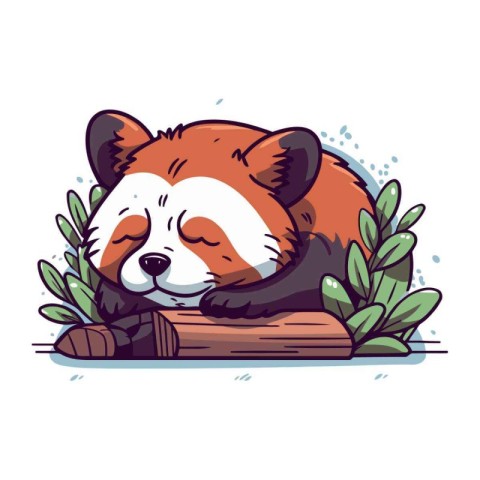 Cute red panda sleeping on a wooden bench. Vector illustration.