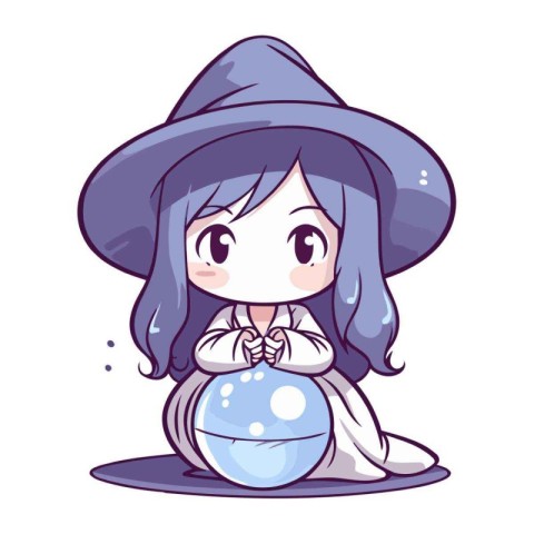 Illustration of a Cute Little Girl in a Witch Hat Holding a Crys