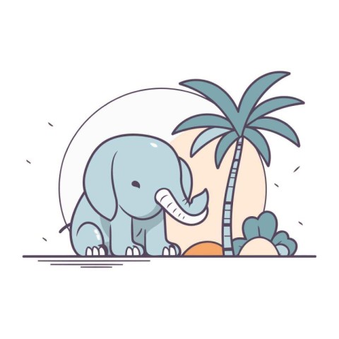 Cute cartoon elephant with palm tree on the beach. Vector illust