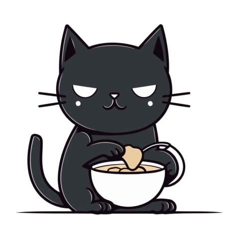 Cute black cat with a bowl of coffee. Vector illustration.