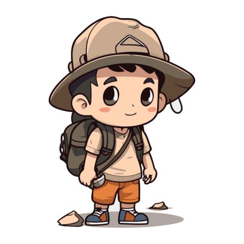 Boy wearing safari hat with backpack. Vector illustration. Carto