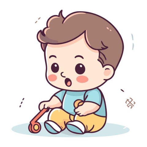 Cute little baby boy playing with a toy. Vector illustration.