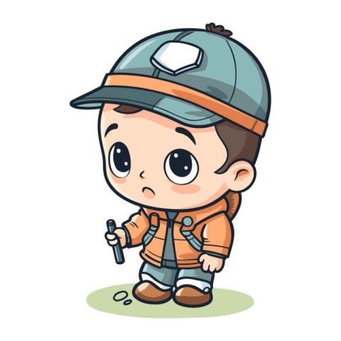 Cute little boy in safety helmet with hiking stick. Vector illus