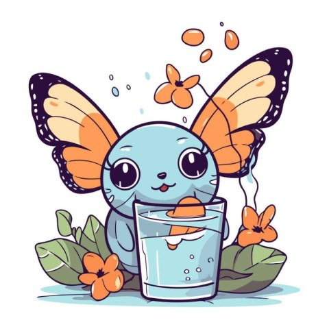 Cute cartoon butterfly drinks water from a glass. Vector illustr