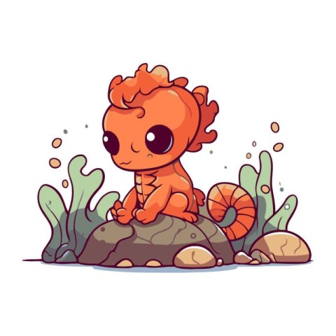 Cute little red sea horse sitting on the rock. Vector illustrati